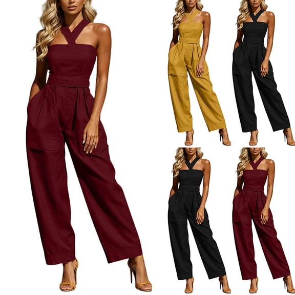 Tqcoqu Women's Halter Sleeveless Jumpsuit with Pocket,Back Tie Elastic Waist Wide Leg Solid Casual One Piece Romper