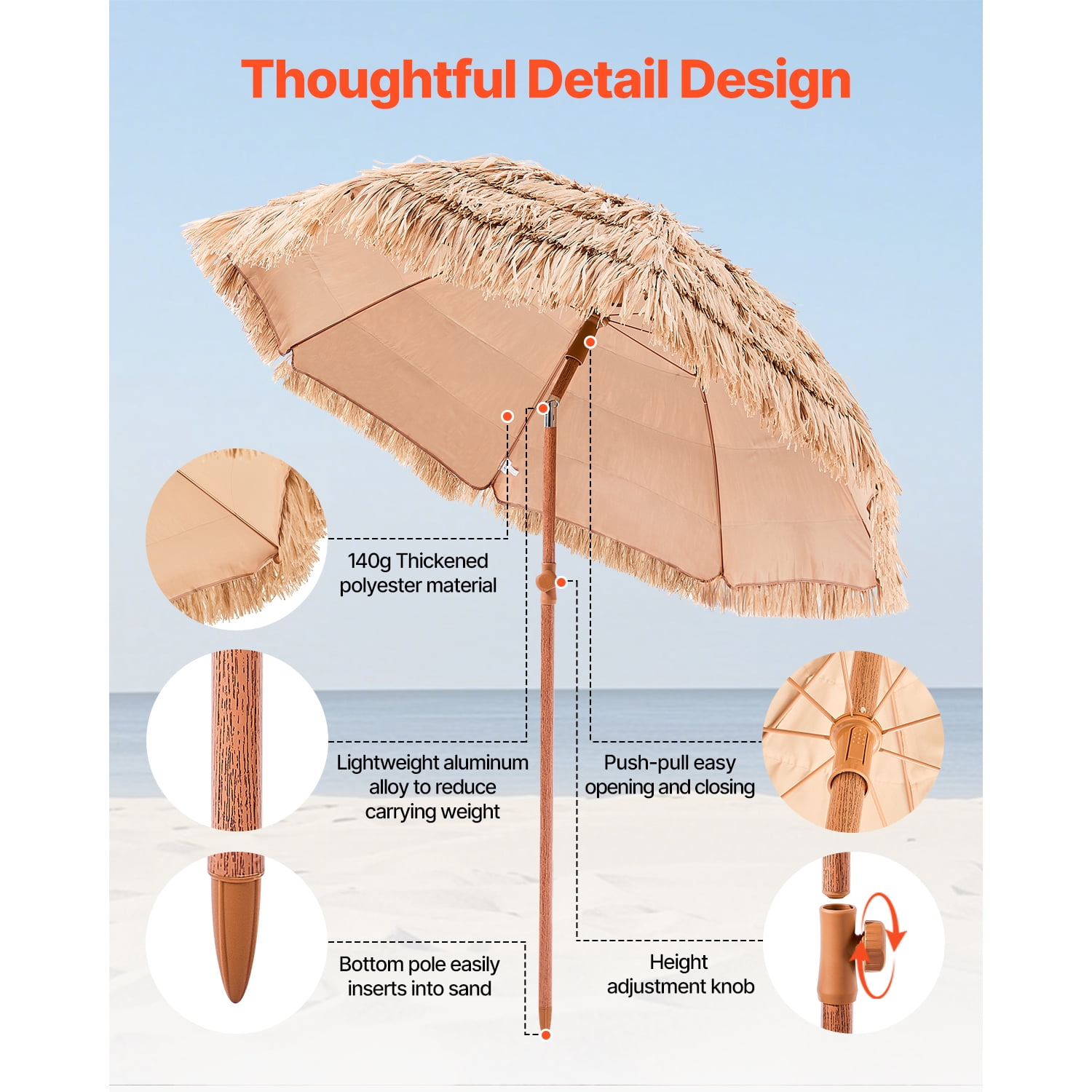 KFFKFF 6.5 ft Thatched Patio Umbrella with Tilt, Hawaiian-Style Beach Parasol, Outdoor Pool Patio Beach Umbrella for Beach, Poolside, Backyard, Garden