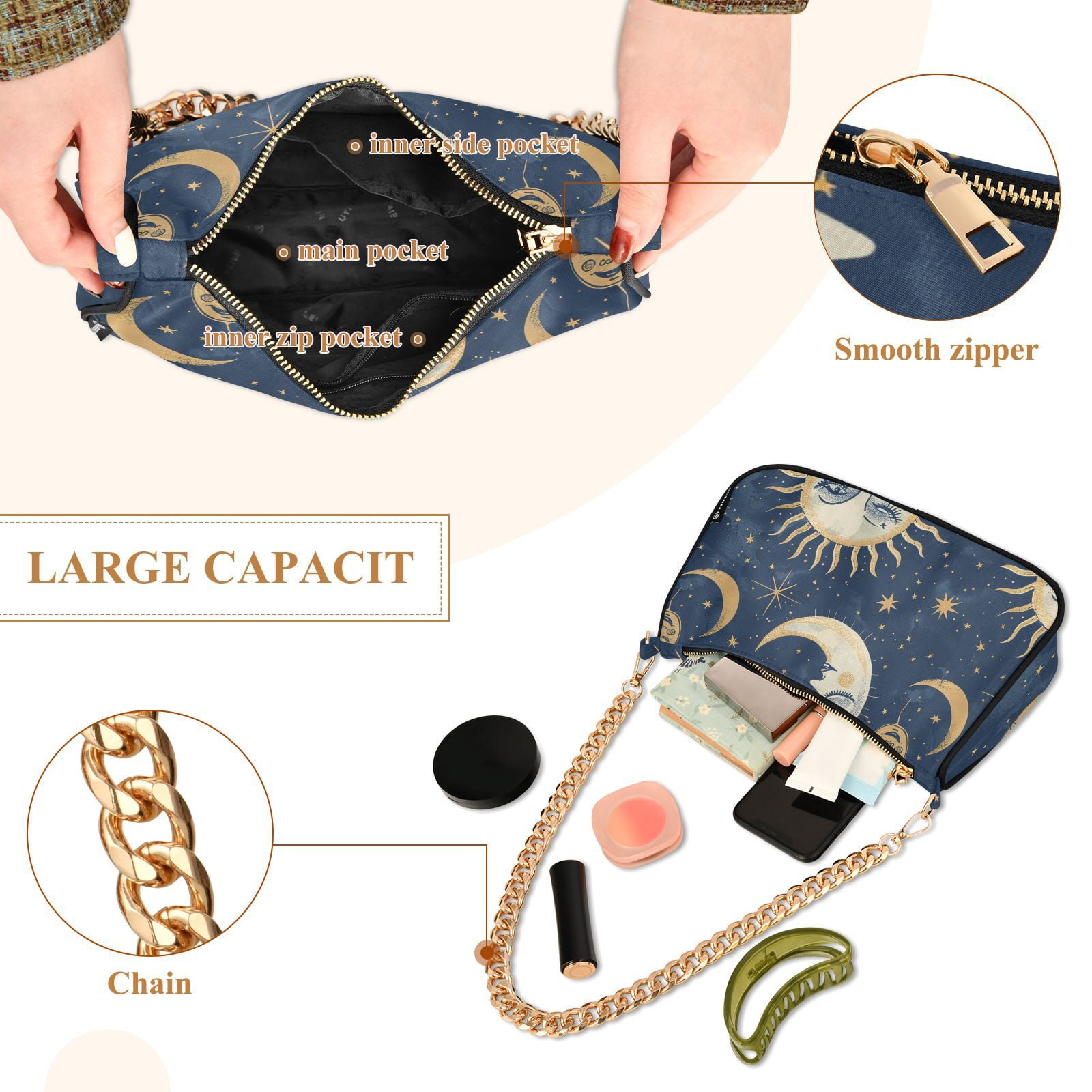 Whimsical Sun and MoonWomen Small Shoulder Bag Crossbody Tote Hobo Bags Purse Clutch Handbags with Chain Strap for Women
