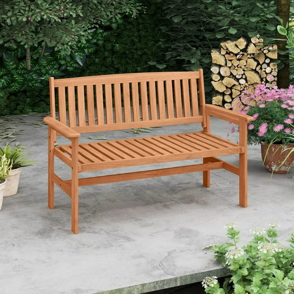Auranook Wooden Garden Bench, 2-Person Patio Loveseat with Slatted Backrest and Comfortable Armrests, Outdoor Bench