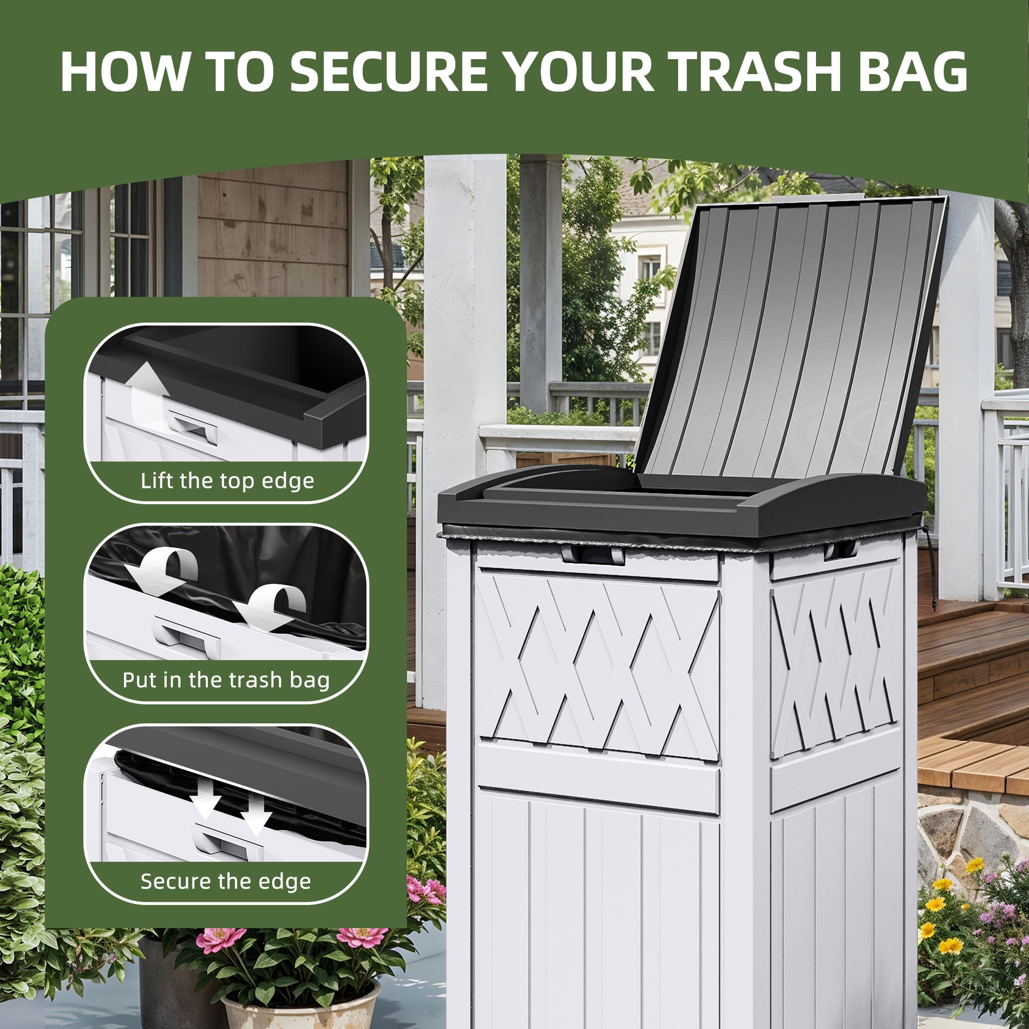 Uforic 31 Gallon Large Outdoor Trash Bin, Waterproof Resin Garbage Can with Lid & Drip Tray, Waste Container,for Porch, Backyard, White