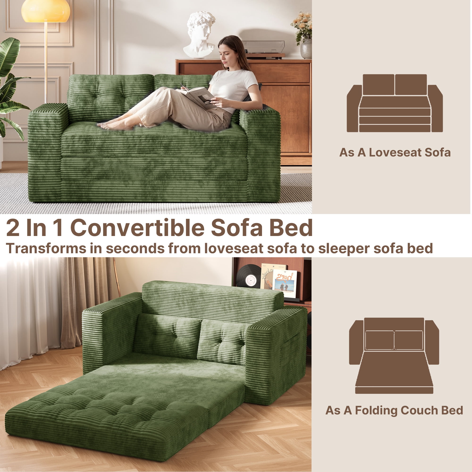 Boneless Convertible Floor Sofa Bed, Lofka 59" Folding Loveseat Couch for Small Spaces, Corduroy 2 Seater Lounge Sleeper with 2 Pillows & Pockets for Living Room, No Assembly, Green