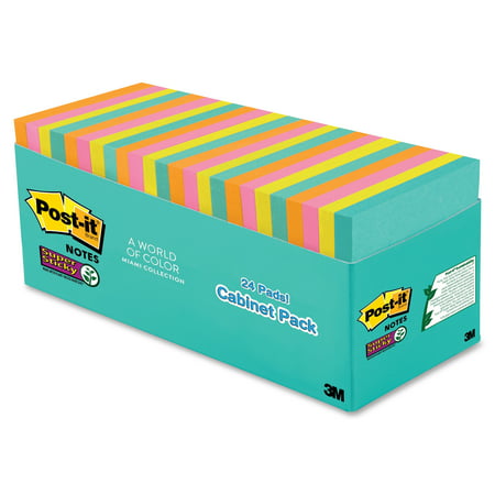 Post-it Super Sticky Notes Cabinet Pack, 3in. x 3in., Miami Collection, 24