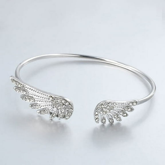 opvise Women Silver Color Rhinestone Angel Wings Bangle Cuff Bracelet Jewelry