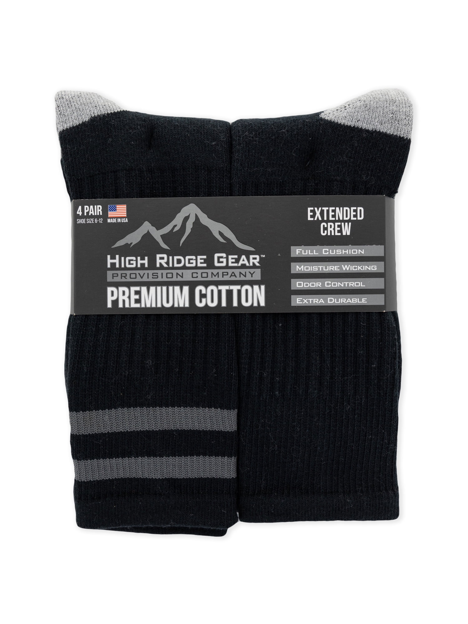 High Ridge Gear Men's Premium Cotton Crew Socks, 4 Pack