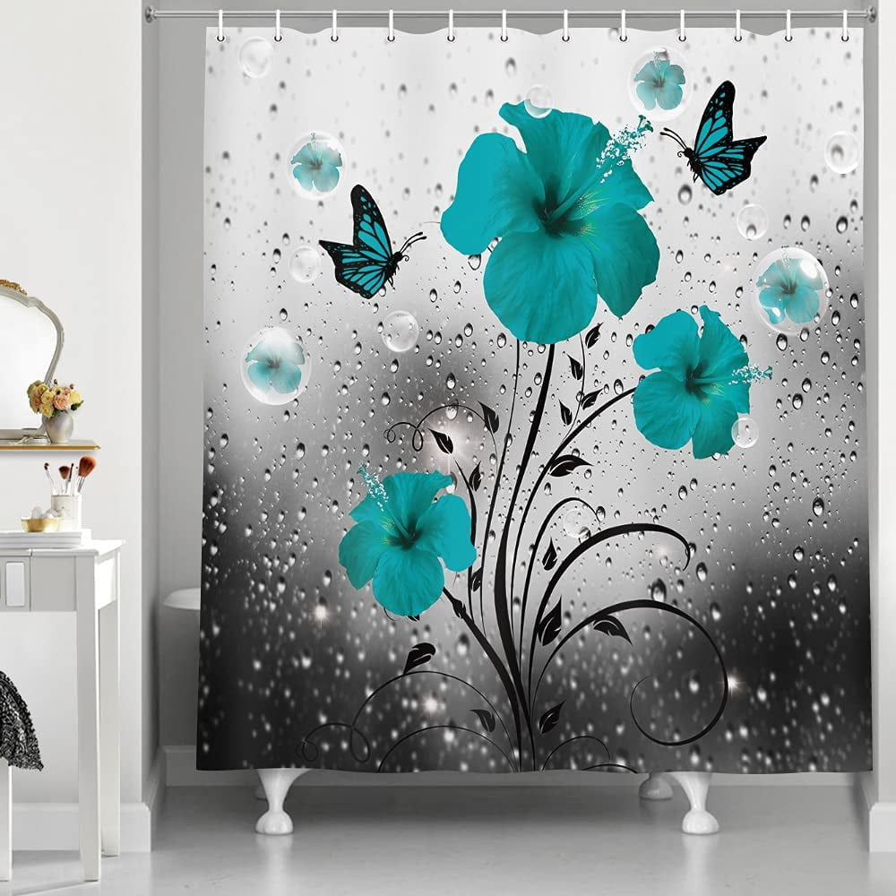 Teal Gray Floral Flower Shower Curtain, Rustic Farmhouse Butterflies Fabric Shower Curtain Accessories, Turquoise Decorations Bathroom Set Decor,Cute Bubbles Modern Bathroom Curtain, 54X70in