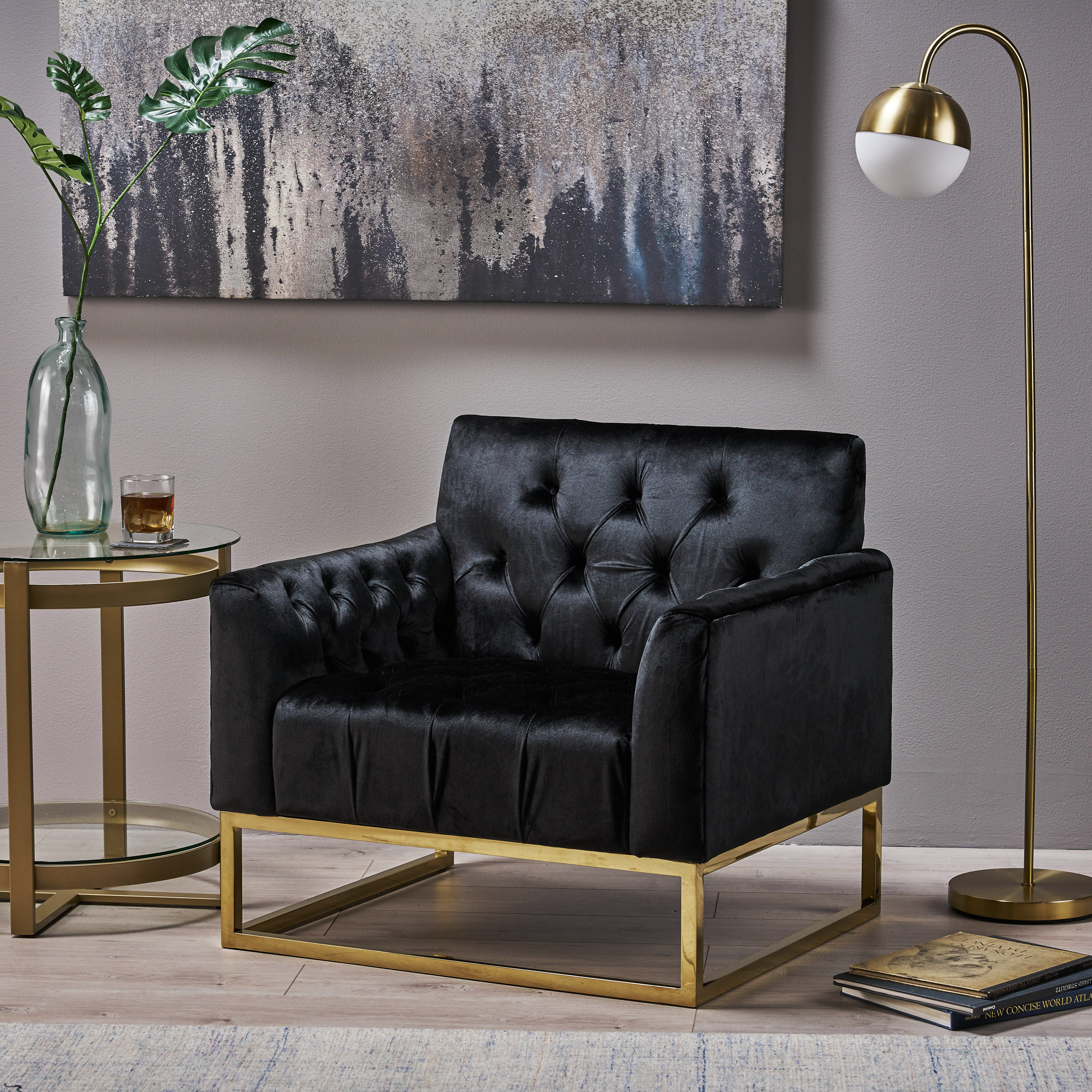 Noble House Averleigh Modern Jewel Toned Velvet Arm Chair, Black