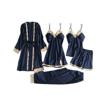 Gvmfive Womens 5Pcs Pajamas Set Satin Silk V Neck Lingerie Nightgown Robe Dress Sleepwear Set