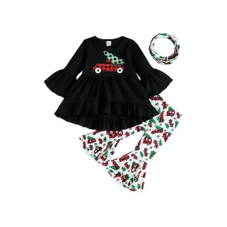 

Toddler Baby Girl Christmas Outfits Long Sleeve Shirts Dress Tunic Tops+Bell Bottoms+Neckerchief Clothes Sets