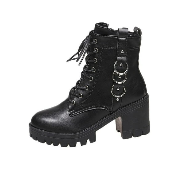 Black Women Fashionable Boots Round Toe Front Lace Up Side Zipper Chunky Heel For Daily Activities And Comfort