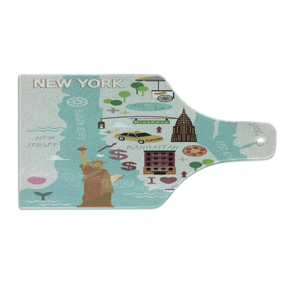 NYC Cutting Board, New York Infographic Cartography Famous Landmarks Doodle Style Illustration, Decorative Tempered Glass Cutting and Serving Board, in 3 Sizes, by Ambesonne