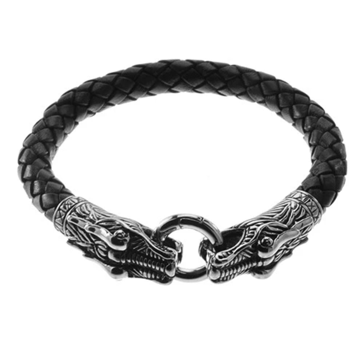 Men's Black Braided Leather Stainless Steel Dragon Head Cuff Bangle Bracelet 
