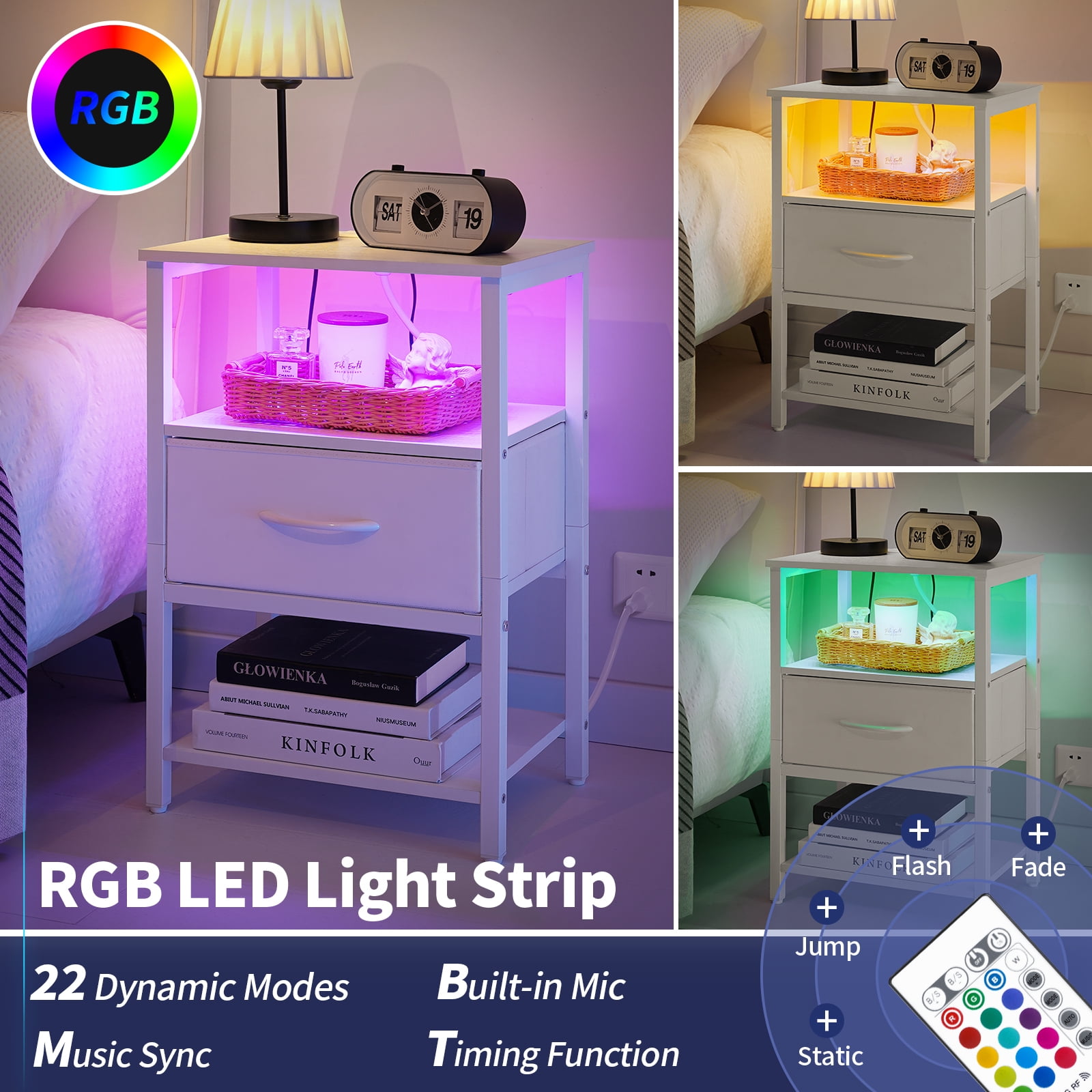 Yoobure LED Nightstand with Charging Station, End Tables with Adjustable Fabric Drawer for Bedroom Living Room,White