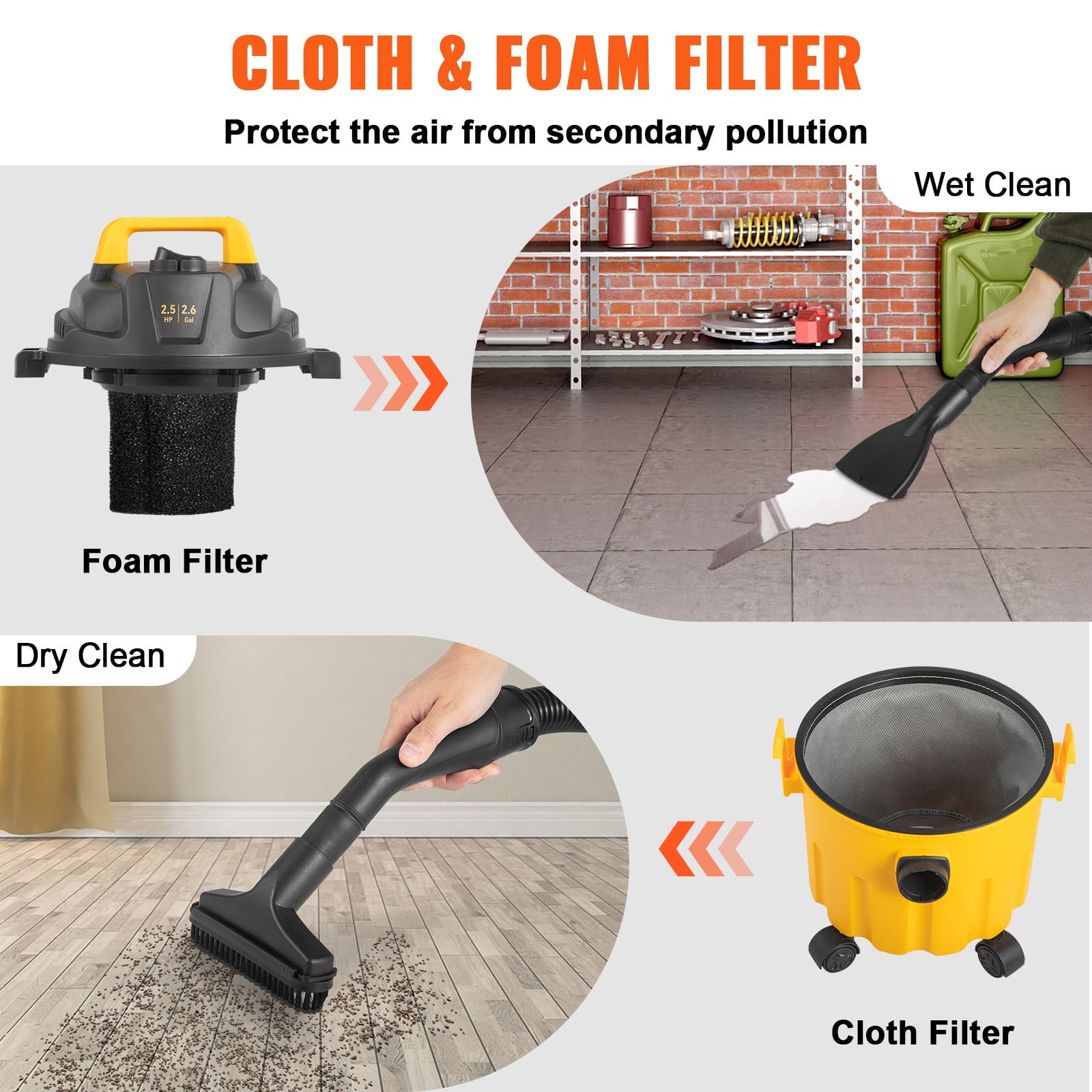 BENTISM Wet Dry Vac, 2.6 Gallon, 2.5 Peak HP, 3 in 1 Shop Vacuum with Blowing Function, Portable with Attachments to Clean Floor, Upholstery, Gap, Car, ETL Listed, Black/Orange
