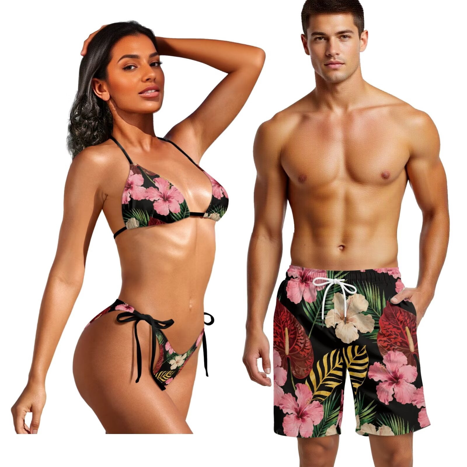 Uourmeti Art Hibiscus Floral Print Couples Matching Swimsuits Tropical Blossom Bikini for Women Mens Board Shorts Swimming Trunks Husband and Wife Vacation Bathing Suit Beachwear