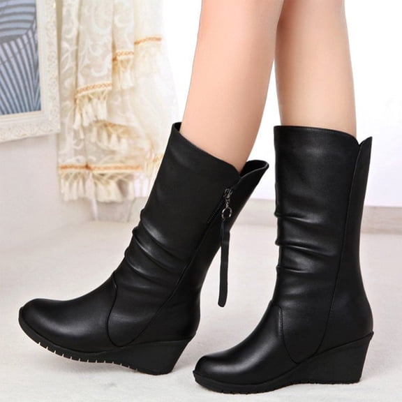 High Heels Boots for Women Ladies Fashion Casual Ruched Leather Round Toe Chunky Dress Pump Mid Calf Boots with Side Zipper Slouchy Motorcycle Riding Long Boots