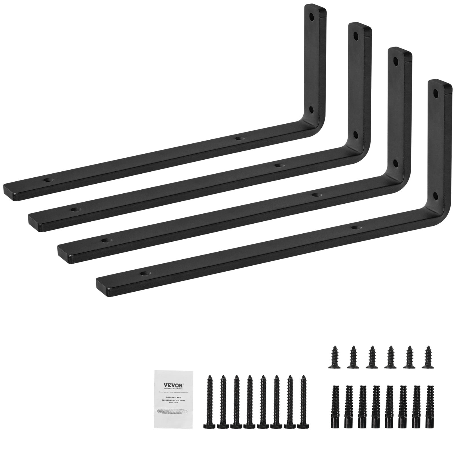 VEVOR Shelf Bracket, 16 x 6 in 4 Pcs, Heavy Duty Floating Shelf Brackets, Brackets for Shelves, 10mm Thick Matte Black L Shelf Bracket,Steel Shelving Brackets with 160 lbs Load Capacity