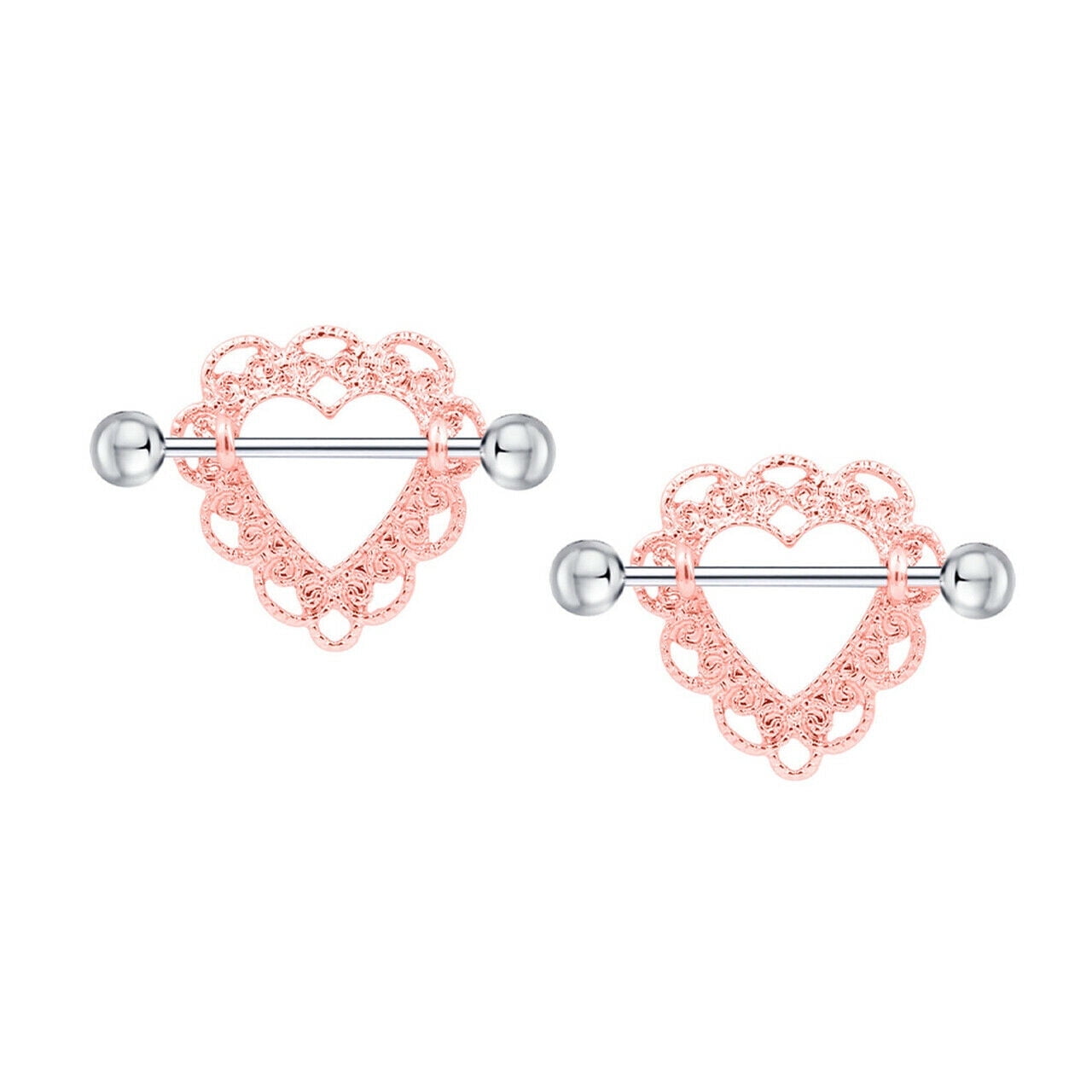 Nipple rings Barbells surgical steel Heart rose gold design Sold as a pair