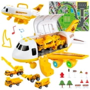 UNIH Airplane Toys for Boys 3-5 Year Old, Car Toy Set Gift for Kids 3 4 5 Boys Girls, Educational Constructions Toys with 4 Trucks and Play Mat