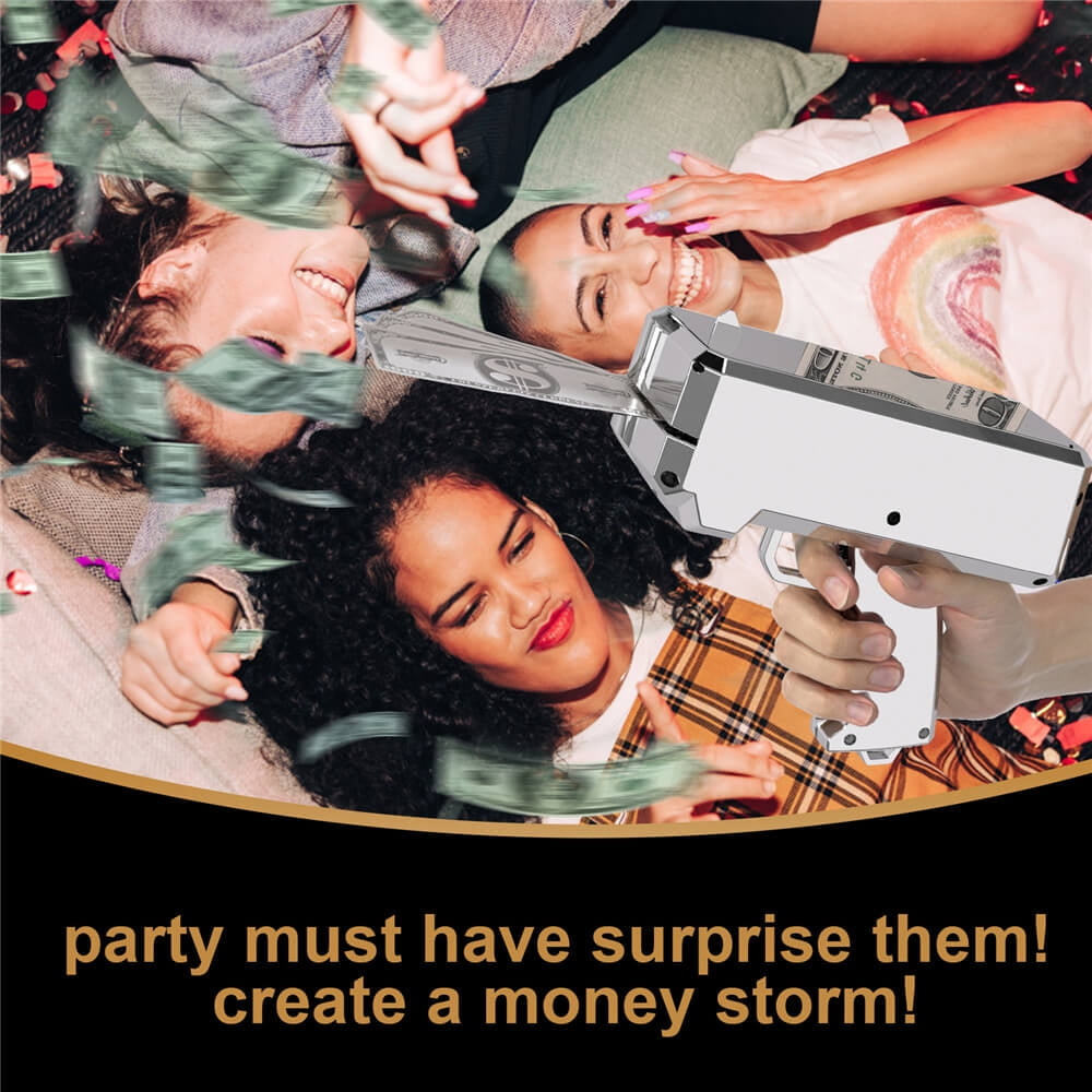 Money Guns Shooter 18K Silver Plating with 100 Pcs Fake Money  Make It Rain Dollar Bills Cash Cannon for Party Nightclub Birthday Christmas Wedding Movie Playing Toy Guns