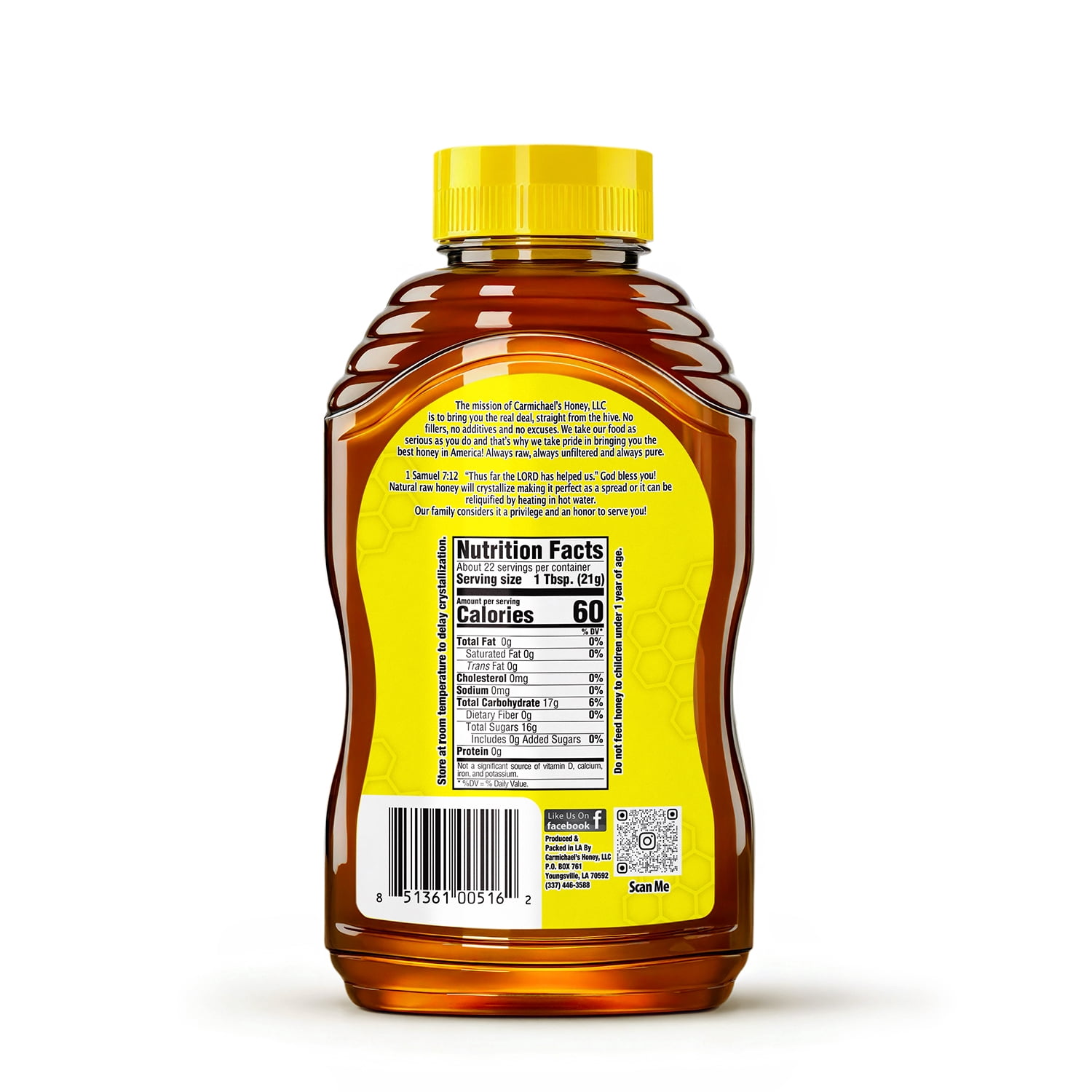 Carmichael's Honey 100% Pure Raw & Unfiltered Louisiana Honey, 16 oz Plastic Squeeze Bottle - Everyday Honey for Drizzling, Sweetening, and Spreading