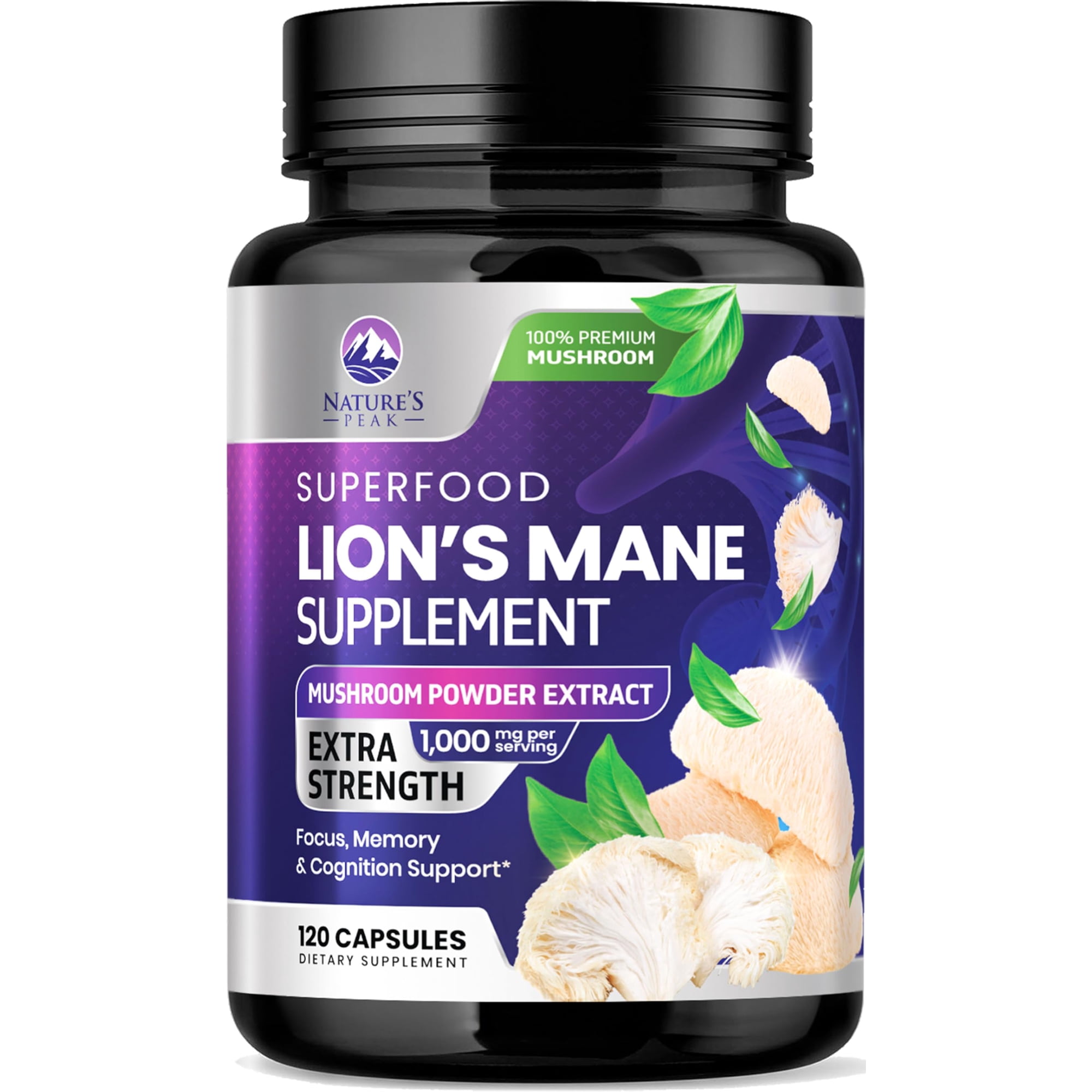 Lions Mane Supplement Capsules - Lions Mane 1000mg Per Serving - Extra Strength Lion’s Mane Mushroom - Superfood for Natural Memory, Focus, Brain, Immune Health Support - Bottled in USA, 120 Capsules