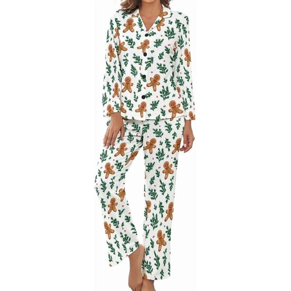 Top-kevin Gingerbread Men Leaves Women's Long-Sleeve Shirt And Full-Length Bottom Pajama Set