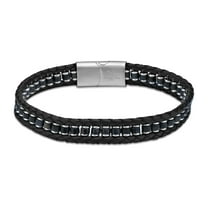 Metro Jewelry Genuine Black Leather Braided Bracelet with Stainless Steel