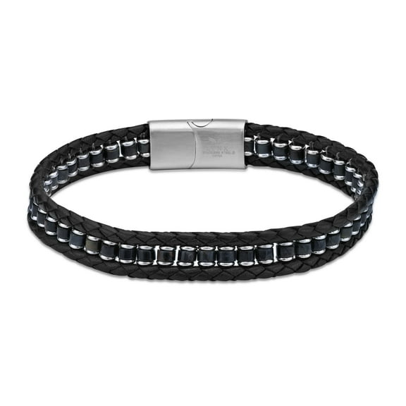 Metro Jewelry Genuine Black Leather Braided Bracelet with Stainless Steel