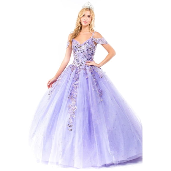 Women's Elizabeth K Sequin Cold Shoulder Ball Gown Gl1969 Lilac Lavender Size L