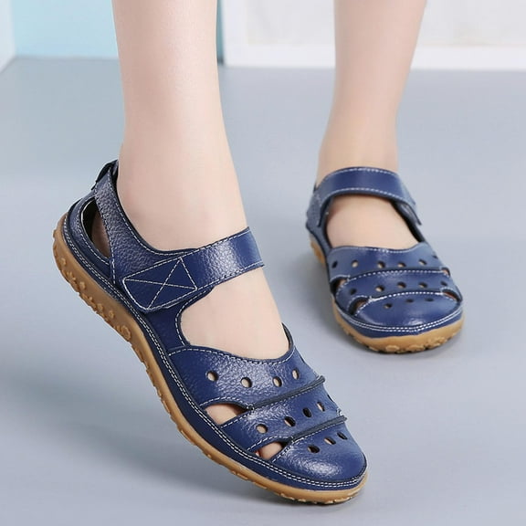 CQONEPT Wedge Sandals Women Dressy, Closed Toe Sandals Soft Leather Sandal,Rubber Sole Comfortable Walking Sandals,Summer Open Toe Platform Orthopedic Sandals Size 5 Blue