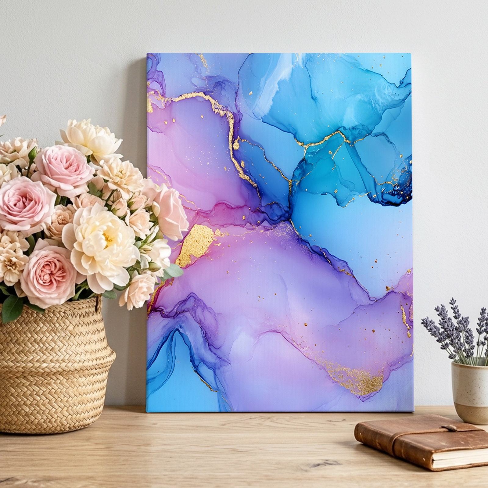 Canvas Wall Art Blue Purple Ombre Framed Canvas Prints for Living Room Bedroom Marble Ink Painted Abstract Modern Gallery Wrapped Wall Decor for Home Office Gifts 12 x16 Ship Next Day