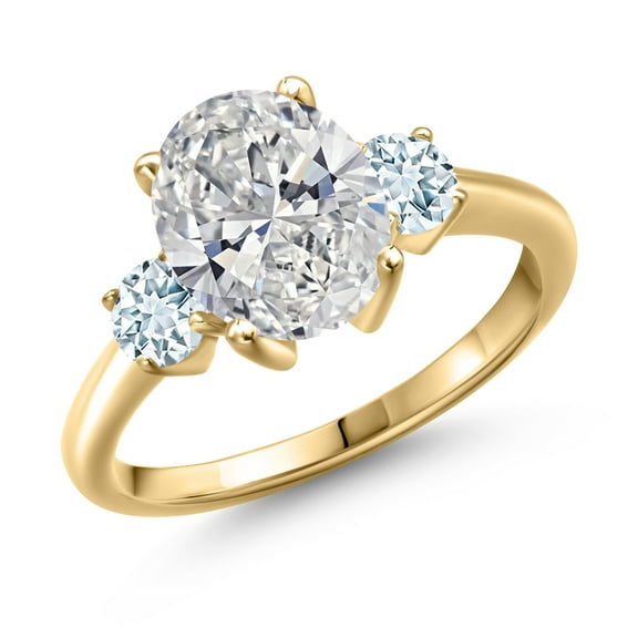 2.50 cttw IGI Certified Lab Grown Diamond and Sky Blue Aquamarine 3-Stone Engagement Ring for Women | 18K Yellow Gold Plated Silver | Center 2.00 Ct Diamond | D-E Color | VS1-VS2 Clarity | Size 7