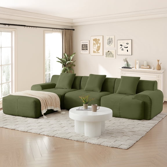 Muumblus 113" L-Shaped Modular Sectional Sofa, Oversized Corduroy Cloud Couch for Living Room, Green