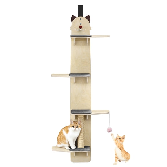 Over The Door Cat Tree Climber, 4-Level Solid Wood Cat Shelves with Ladder & Scratching Post, Space Saving Cat Furniture for Indoor Cats (67" H)