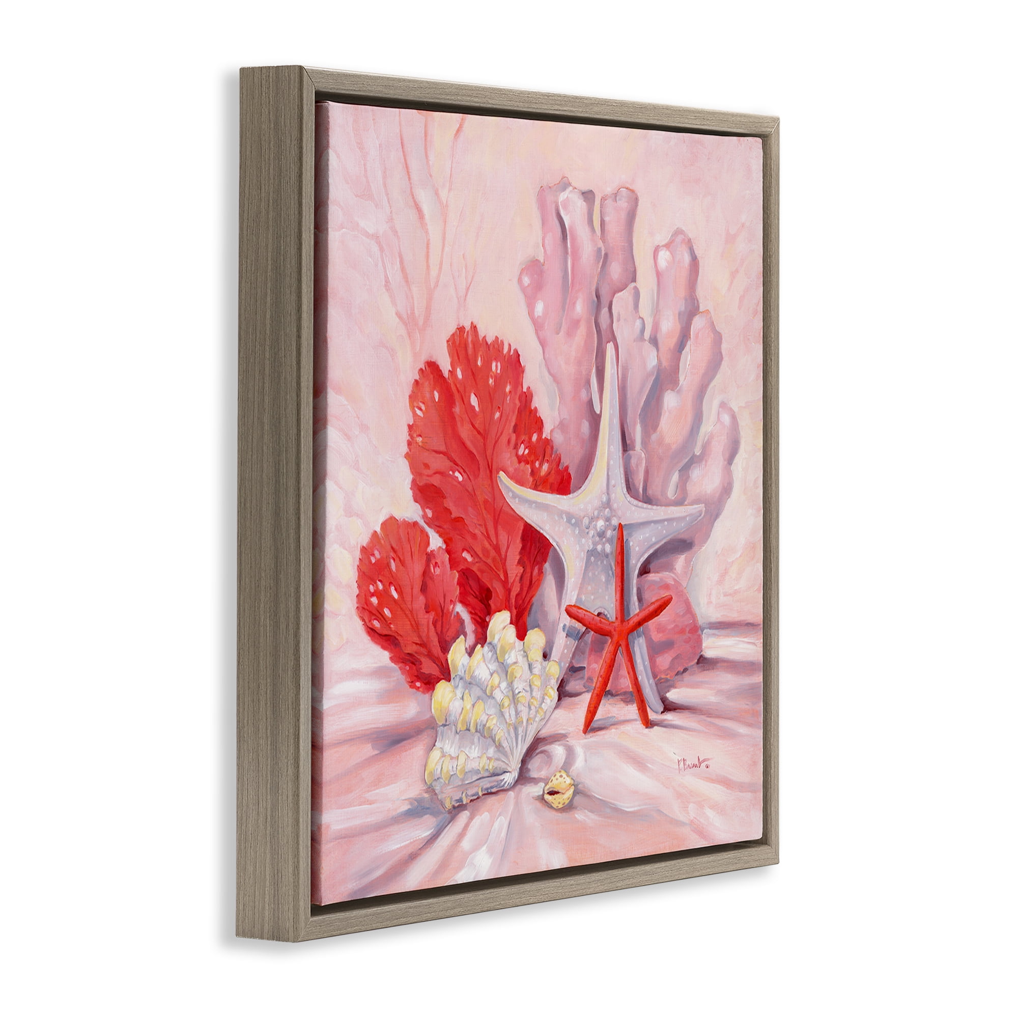 Stupell Industries Pink Gathered Sea Life Animals & Insects Painting Brown Floater Framed Canvas Art Print Wall Art, 18 x 18
