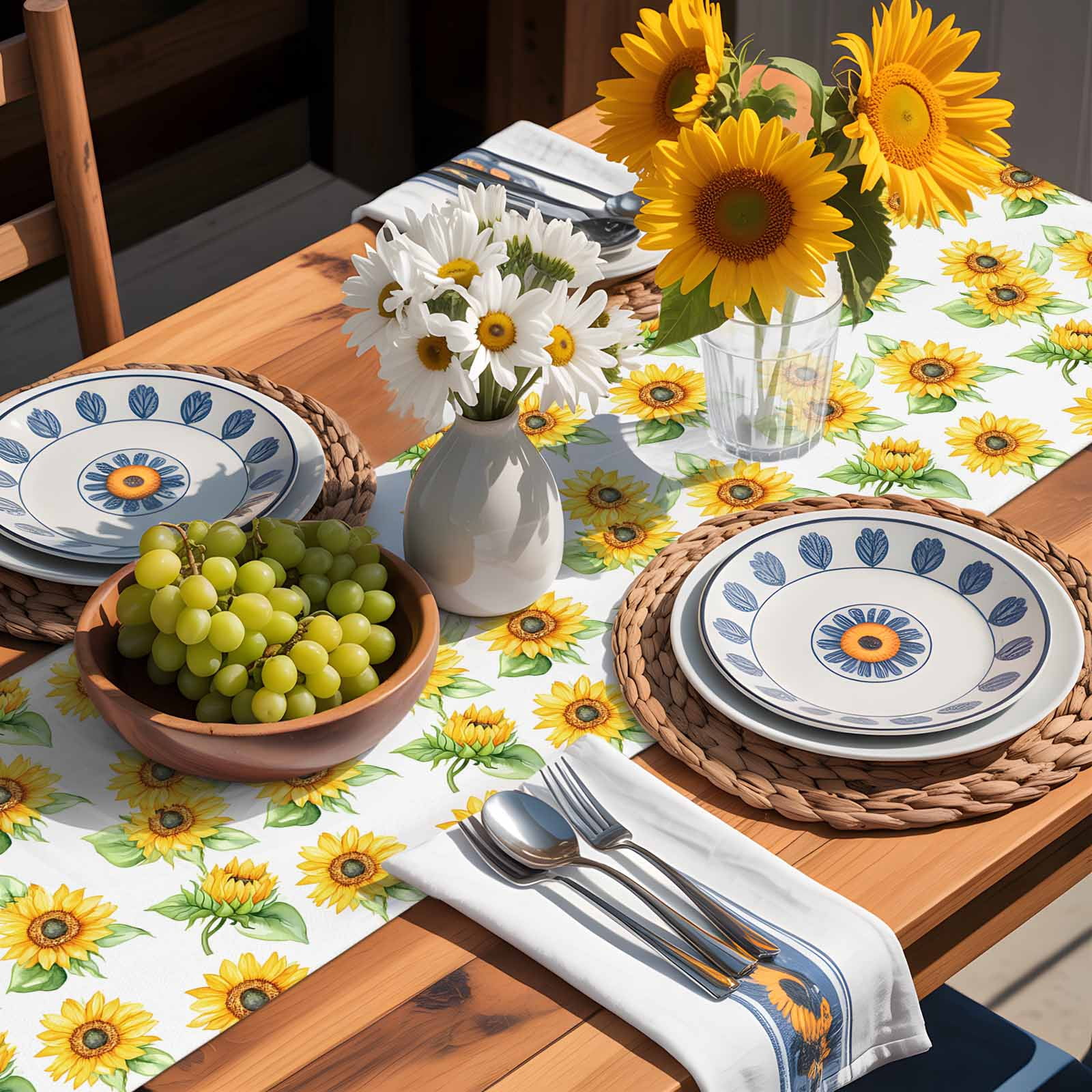 Yellow Sunflower Farm Green Plant Table Runner 90 Inches Long, Summer Blossom Floral Table Runners Tabletop Scarf Kitchen Dining Tables Decoration for Home Party Indoor Outdoor