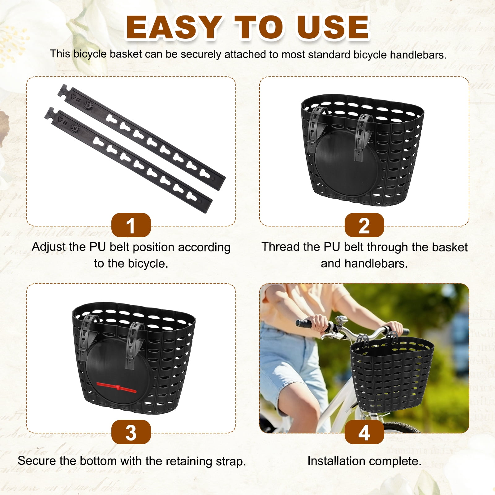 Uxcell Bike Basket, Plastic Bicycle Basket Adjustable Front Baskets with 2 Adjustment Buckles Unisex Strong Load 7.7 x 5.1 x 5.9" & Black-Fitting For(Most Bikes/Tricycle/Scooters)