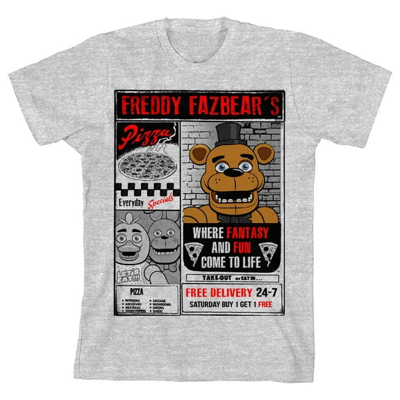 FNAF Freddy Fazbear's Pizza Flyer Boy's Heather Grey T-shirt-Medium