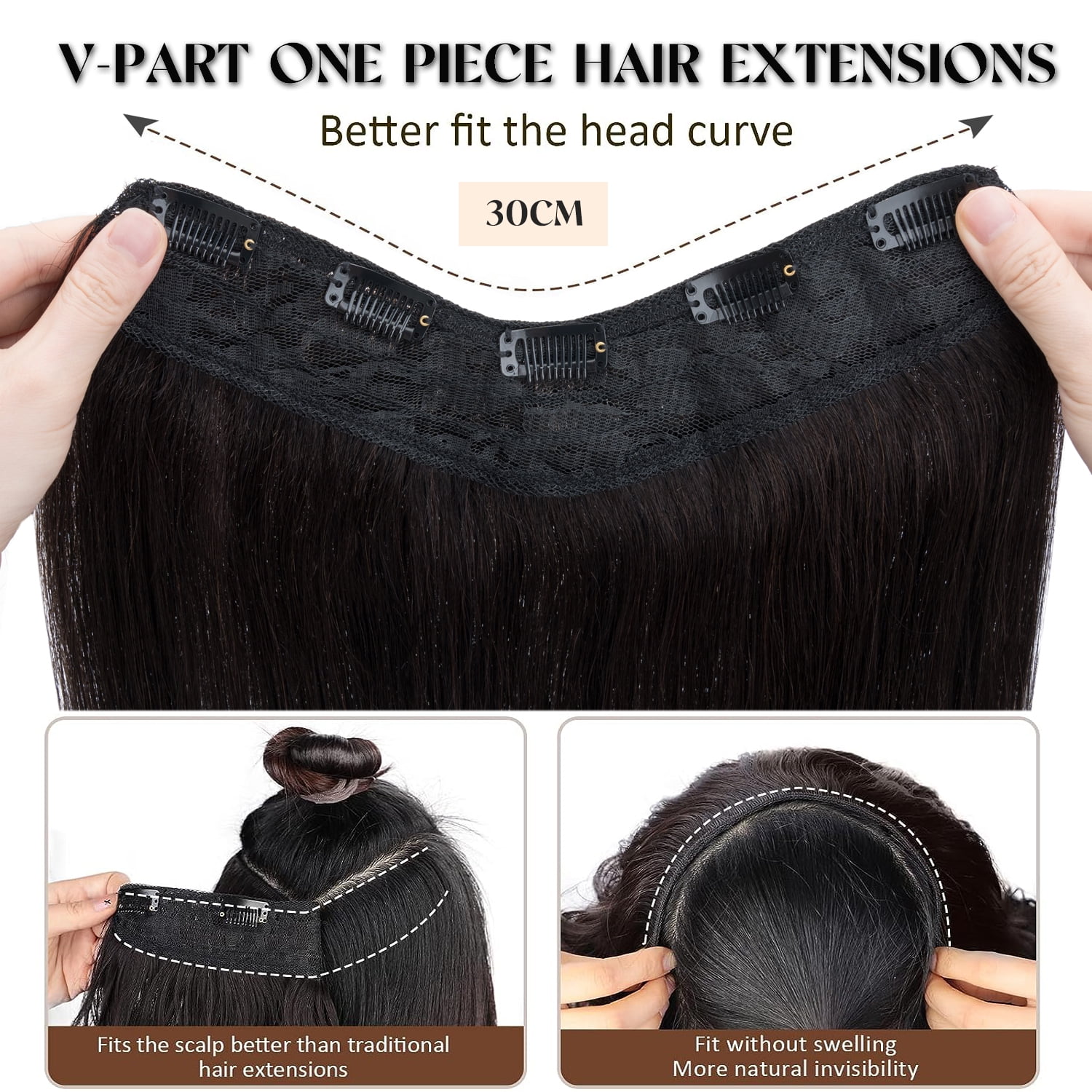 Benehair New V-Shaped Clip In Hair Extensions One Piece 100% Remy Real Human Hair Weft U Shaped 3/4 Full Head Straight Hair Balck for Women