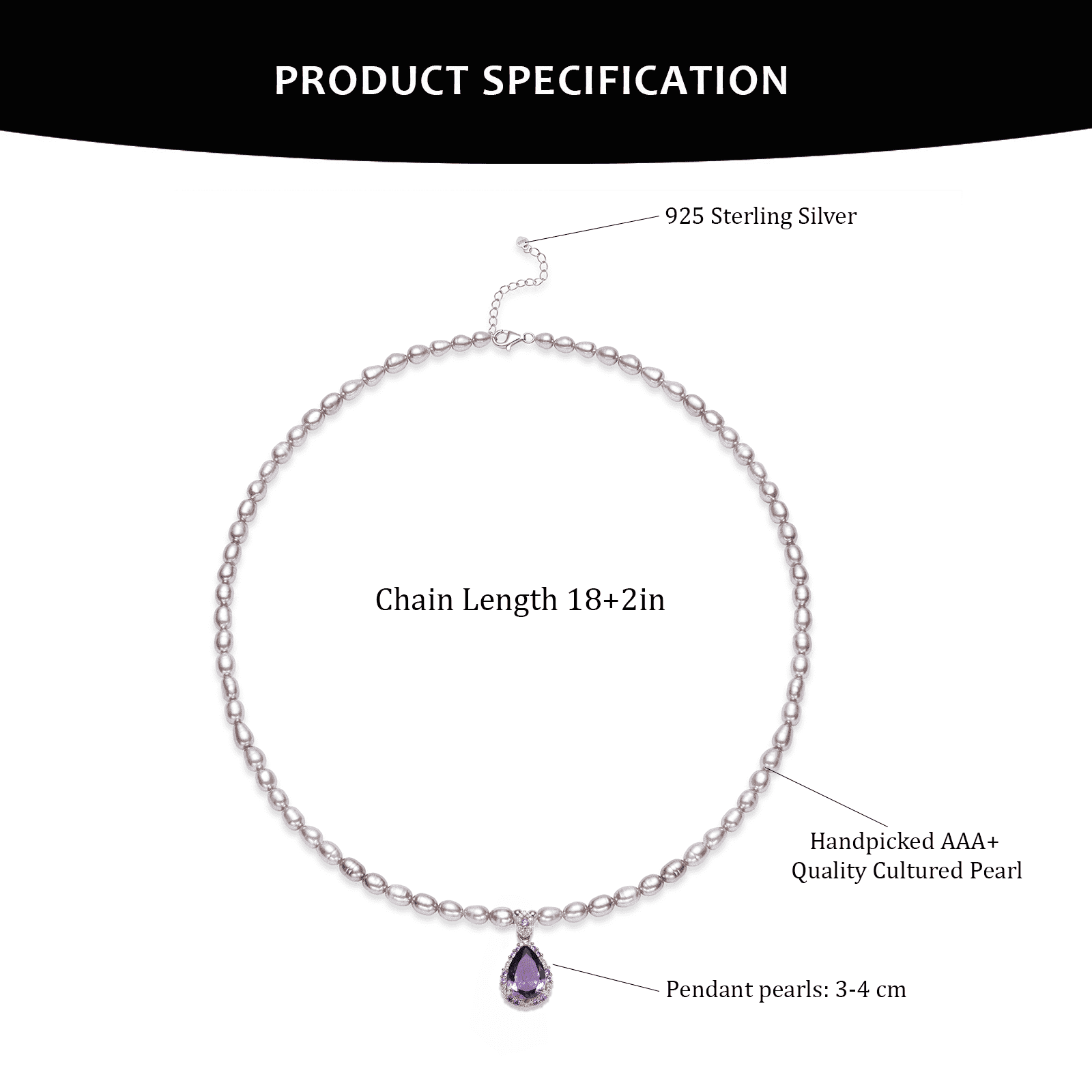 BAMIKI 3-4mm Purple  Cultured Pearl Necklace with Purple Zircon Pendant, 925 Sterling Silver Adjustable Chain, Elegant Jewelry Gift for Women