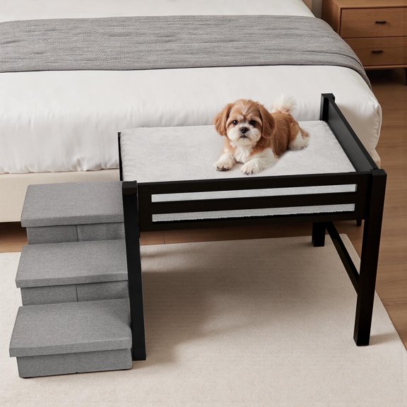 Bedside Dog Bed with Stairs and Mattress, Elevated Wooden Pet Bed Frame with 3-Step Foldable Storage Staircase & Plush Mattress, for Small and Medium Dogs, Medium Size