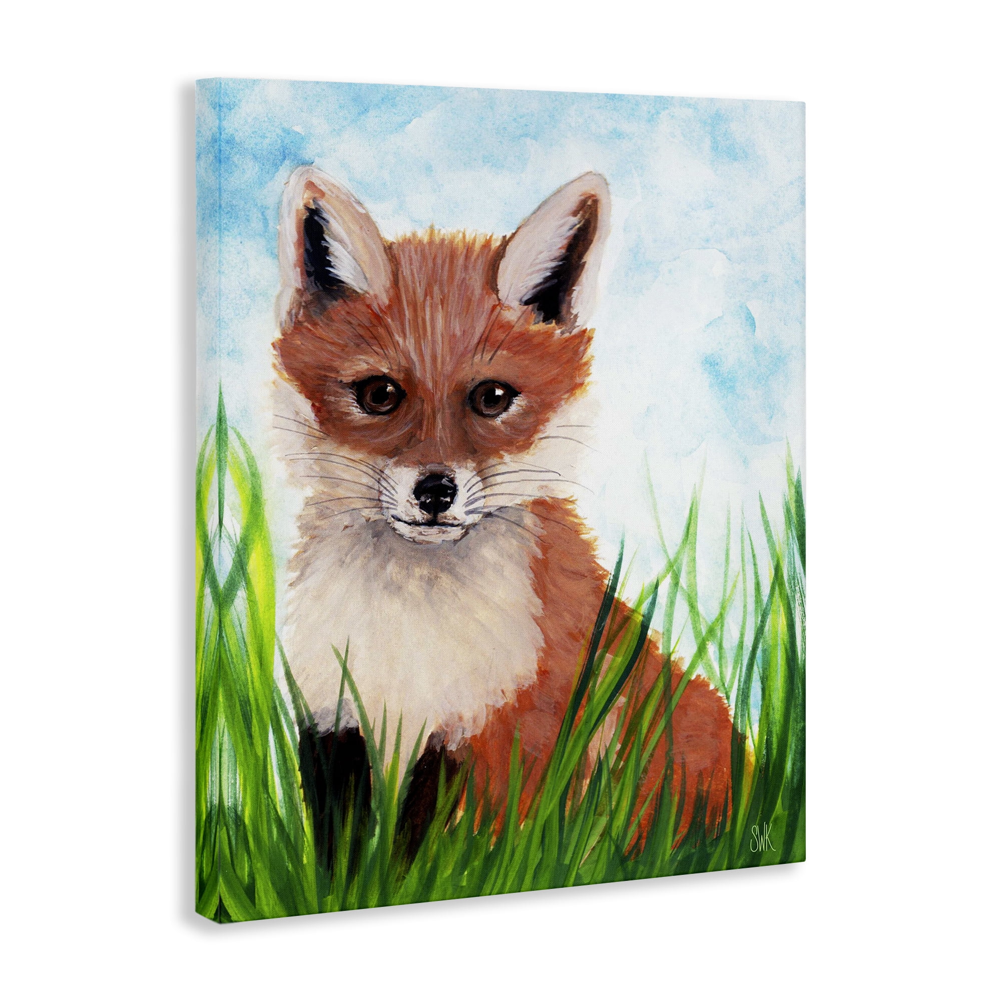 Stupell Industries Baby Fox in Grass Animals Painting Wrapped Canvas Canvas Art Print Wall Art, 16 x 20