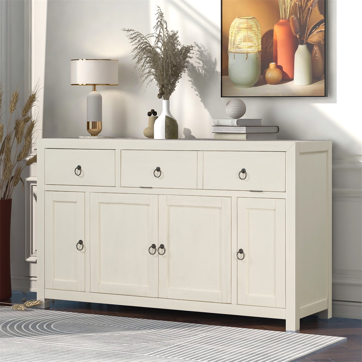 Long Storage Sideboard Table with Drawers and Shelves