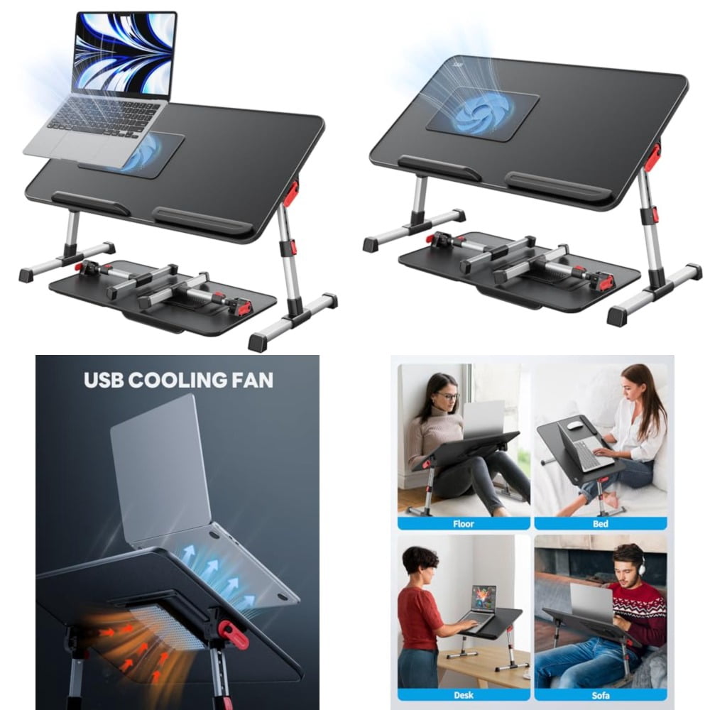 Laptop Desk for Bed with Cooling Fan, Height and Angle Adjustable Laptop Stand for Bed, Lap Desk Tray Table, Lightweight Foldable Portable Computer Table for Couch Sofa Chair Floor Desk