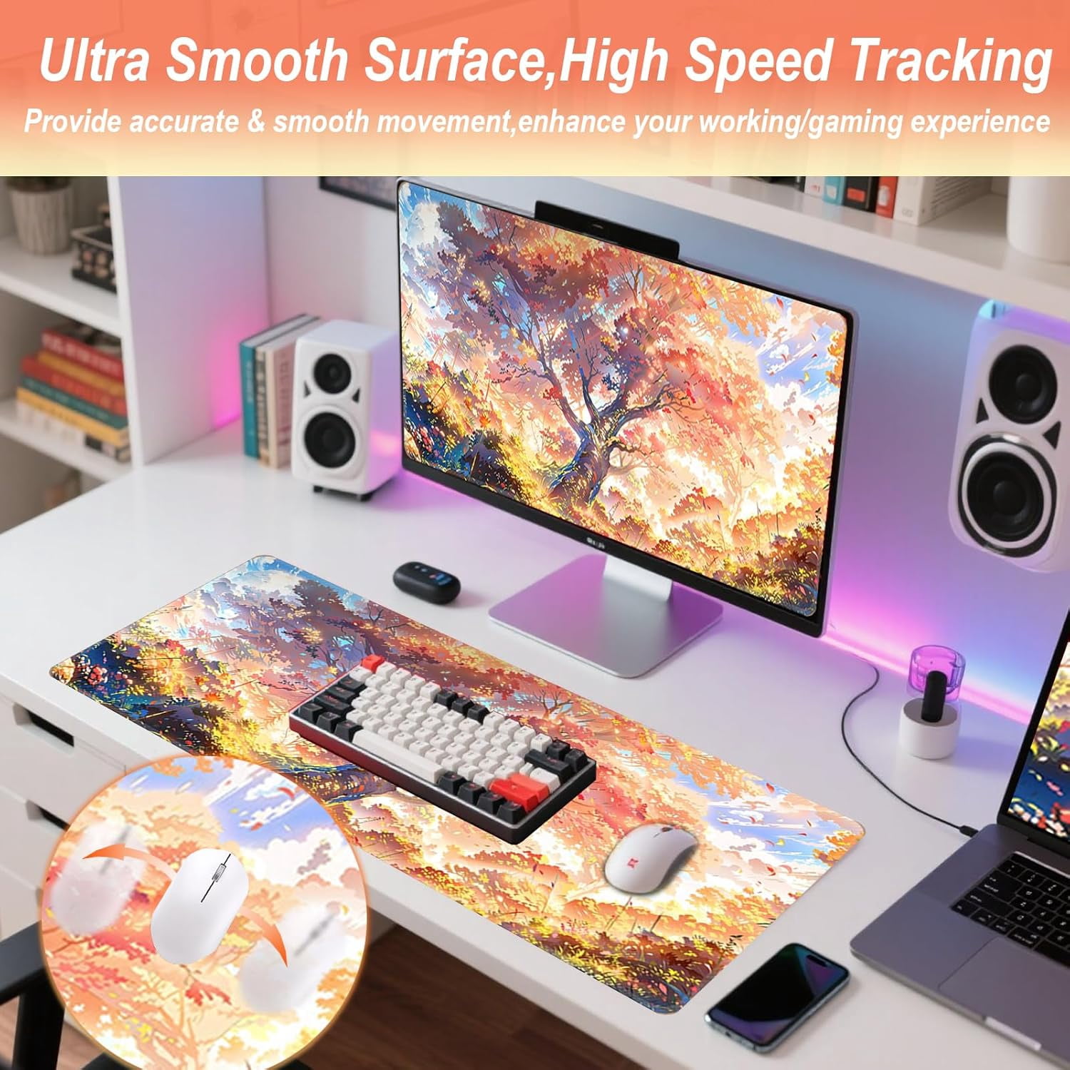 Gaming Mouse Pad 31.5x11.8 inch XL Large Extended Mouse Pad, Big Mousepad Desk Mat for Computer with Non-Slip Rubber Base and Stitched Edge-Maple Leaves