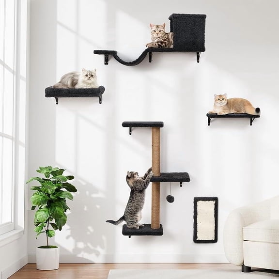 5-in-1 Cat Wall Shelves, Multi-Level Cat Climbing Furniture, Perch & Lounge for Indoor Cats, Space-Saving Wall Mounted Cat Shelves for Play & Rest (Natural Wood) - Dark Gray