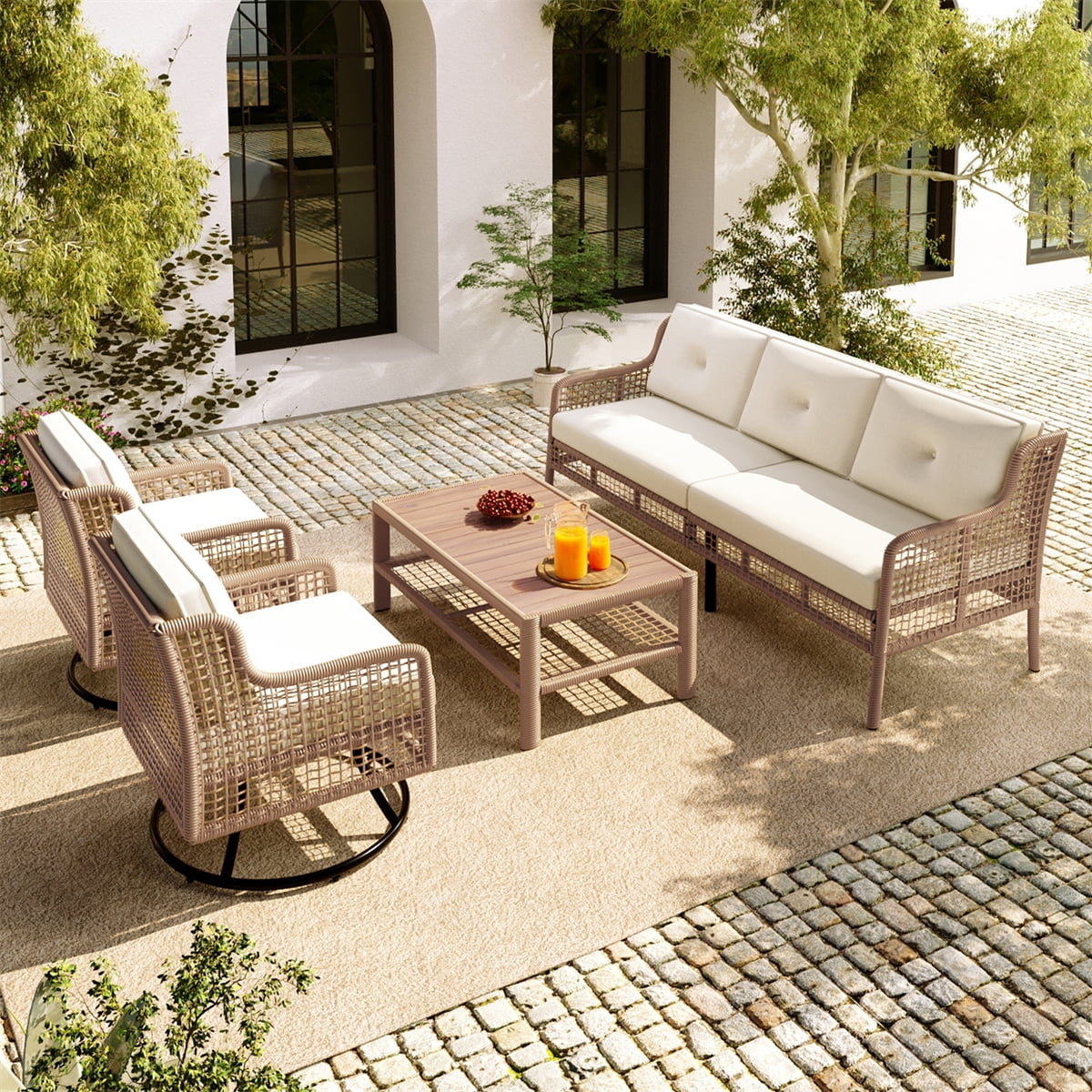 HighSound Patio Furniture Set, 5 Piece Outdoor Conversation Set with Rocking Swivel Chairs, Wicker Rattan Outdoor Sofa Set with Coffee Table for Backyard, Deck, Porch, Beige Cushions