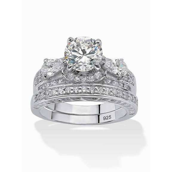 PalmBeach Jewelry 3.47 TCW Round Cubic Zirconia Two-Piece Bridal Set in Platinum-Plated or Gold-Plated Sterling Silver