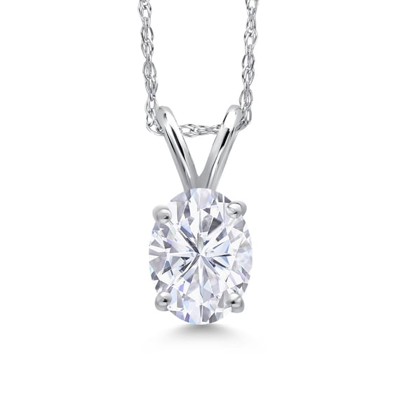 Gem Stone King 10K White Gold Moissanite Pendant Necklace for Women | 0.90 Cttw | Gemstone Birthstone | Oval 7X5MM | With 18 inch Chain